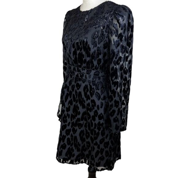 Express NWT S Black Leopard Print Ruffle Long Puff Sleeve Sparkle Mini Dress - Picture 3 of 12
